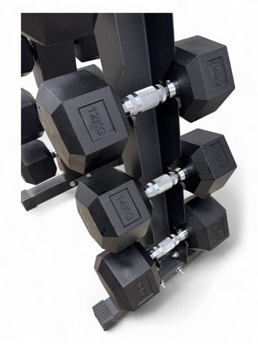 2-16kg Hex Dumbbell Set - Vertical Rack Stand - 2kg increments- 8 Pairs Set