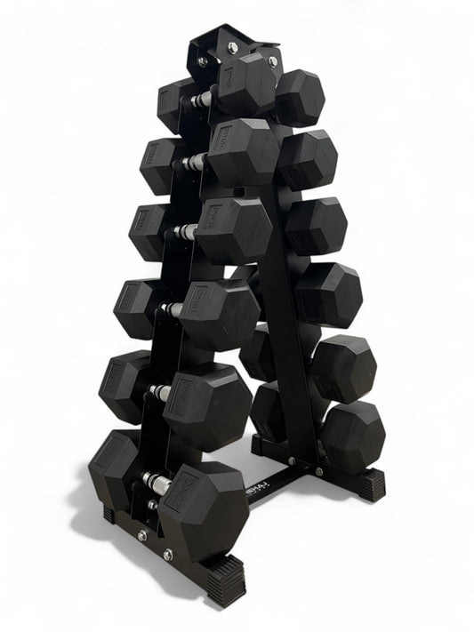 5–25kg Hex Dumbbell Set with Vertical Rack – 6 Pairs