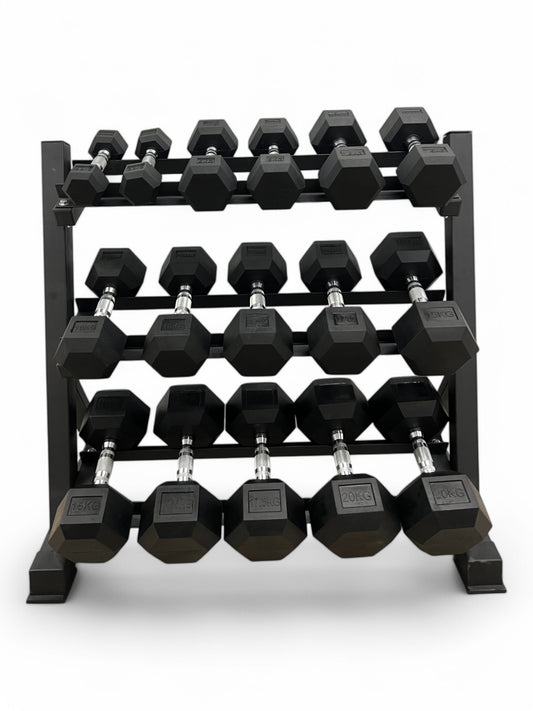 2.5–20kg Hex Dumbbell Set with 3-Tier Rack – 8 Pairs in 2.5kg Increments