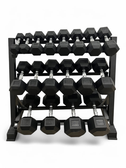 2.5–25kg Hex Dumbbell Set with 3-Tier Rack – 9 Pairs