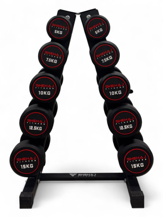 5-15kg Round Dumbbell Set With Vertical Rack Stand - 5 Pairs Set