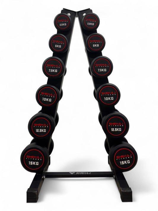2.5–15kg Round Dumbbell Set with Vertical Rack – 6 Pairs