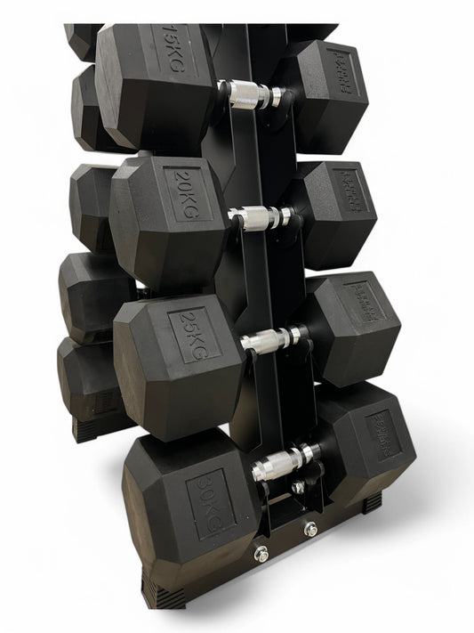 5–30kg Hex Dumbbell Set with Vertical Rack – 6 Pairs