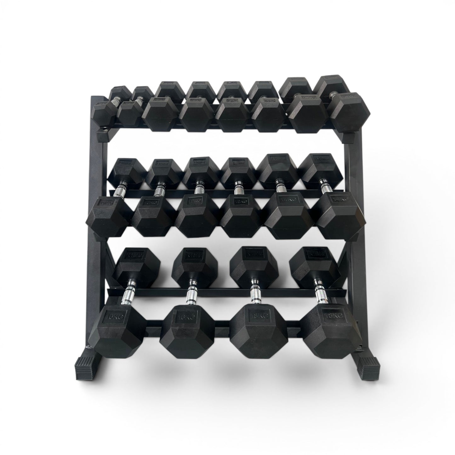 Hex Dumbbell 2-18kg Set With 3 Tier Rack Stand - 2kg increments- 9 Pairs Set