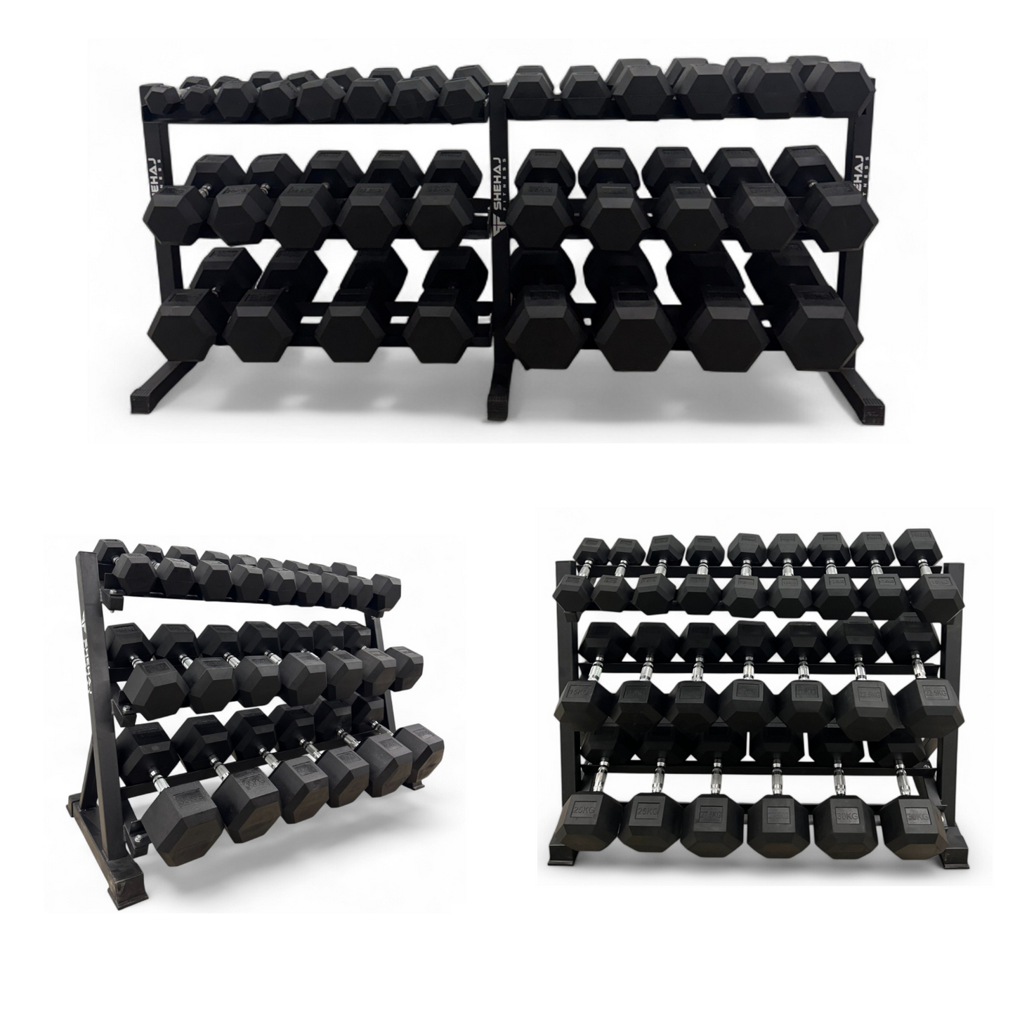 Hex Dumbbells Set 2.5–50kg Pairs With 3 Tier Rack Option Shehaj Fitness