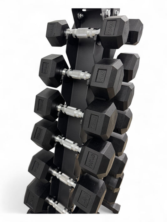 5–22.5kg Hex Dumbbell Set with Vertical Rack – 8 Pairs