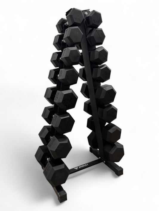 5–22.5kg Hex Dumbbell Set with Vertical Rack – 8 Pairs