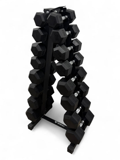 5–22.5kg Hex Dumbbell Set with Vertical Rack – 8 Pairs