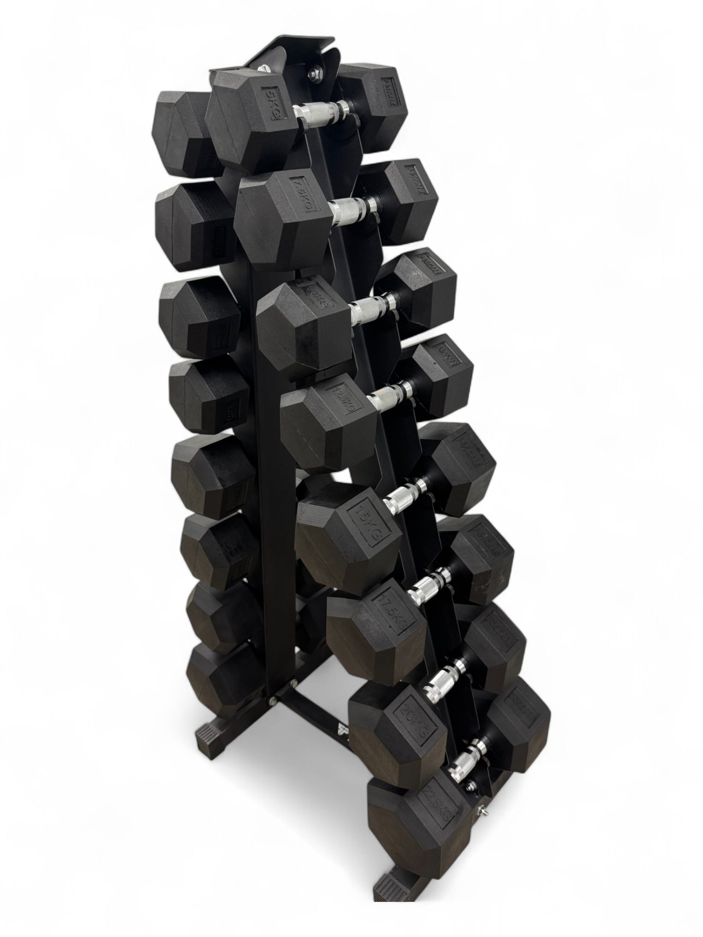 5–22.5kg Hex Dumbbell Set with Vertical Rack – 8 Pairs