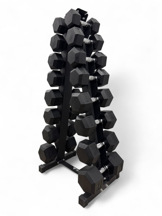 5–25kg Hex Dumbbell Set with Vertical Rack – 8 Pairs