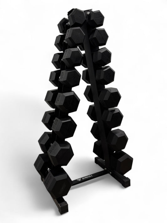 5–25kg Hex Dumbbell Set with Vertical Rack – 8 Pairs