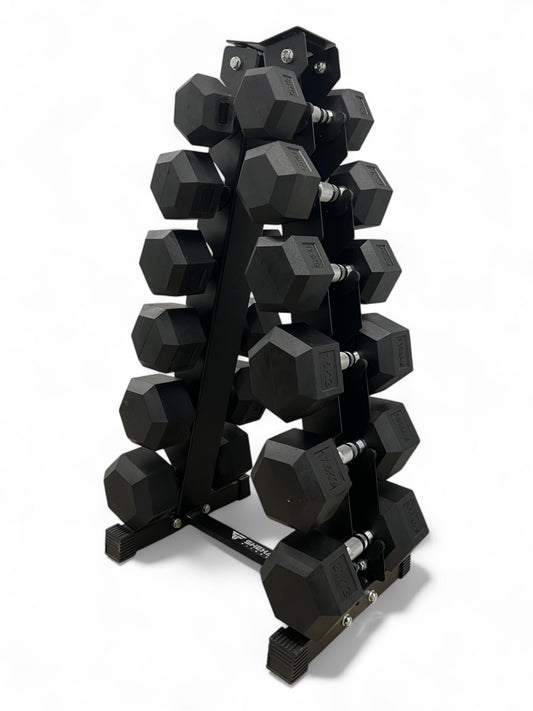 5–25kg Hex Dumbbell Set with Vertical Rack – 6 Pairs