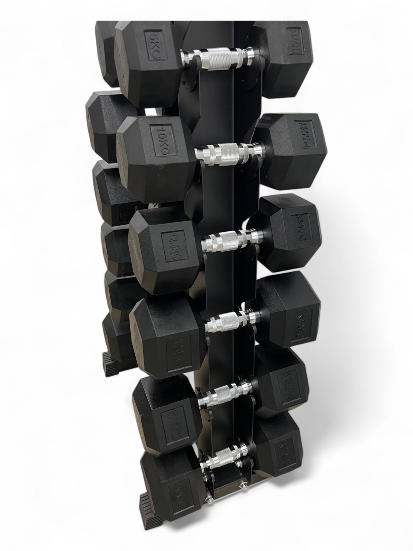 5–25kg Hex Dumbbell Set with Vertical Rack – 6 Pairs