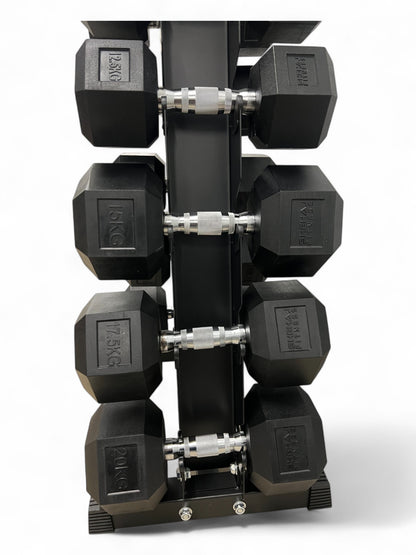 5–25kg Hex Dumbbell Set with Vertical Rack – 6 Pairs