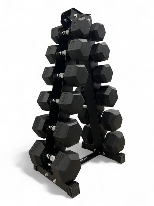 5–20kg Hex Dumbbell Set with Vertical Rack – 6 Pairs Free Weights