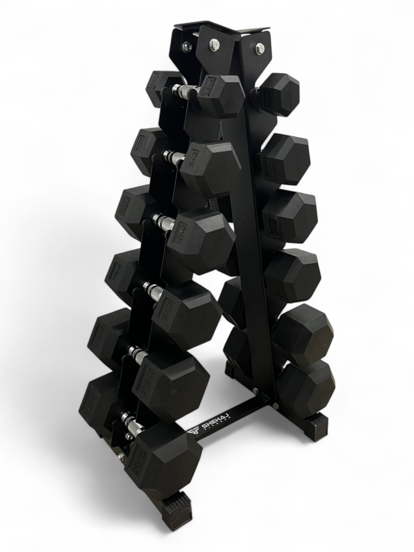 2.5–20kg Hex Dumbbell Set with Vertical Rack – 6 Pairs Free Weights