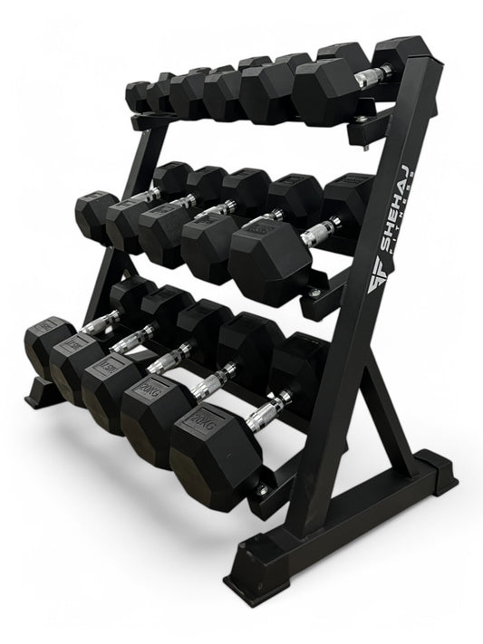 2.5–20kg Hex Dumbbell Set with 3-Tier Rack – 8 Pairs in 2.5kg Increments
