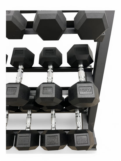 2.5–20kg Hex Dumbbell Set with 3-Tier Rack – 8 Pairs in 2.5kg Increments