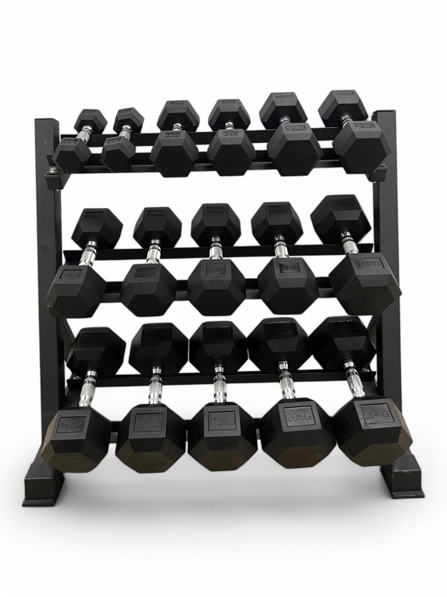2.5–20kg Hex Dumbbell Set with 3-Tier Rack – 8 Pairs in 2.5kg Increments