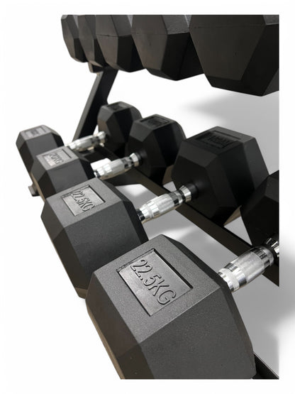 2.5–22.5kg Hex Dumbbell Set with 3-Tier Rack – 9 Pairs Free Weights