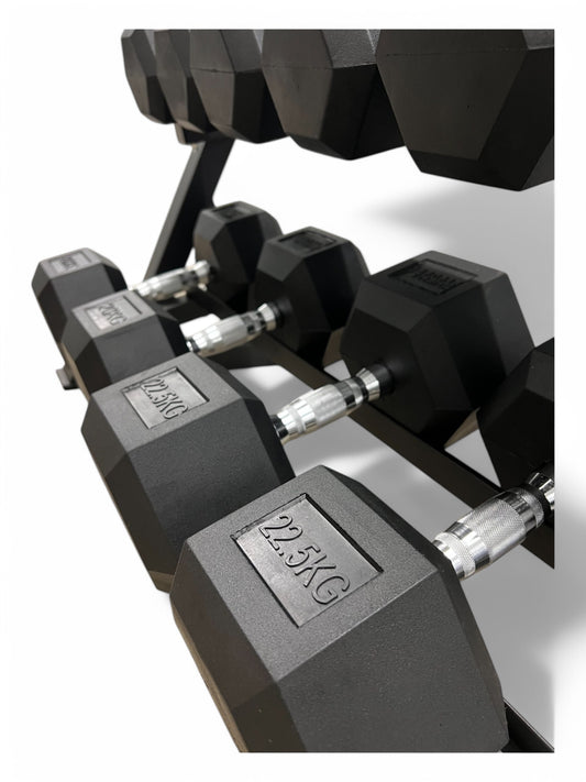 2.5–22.5kg Hex Dumbbell Set with 3-Tier Rack – 9 Pairs Free Weights