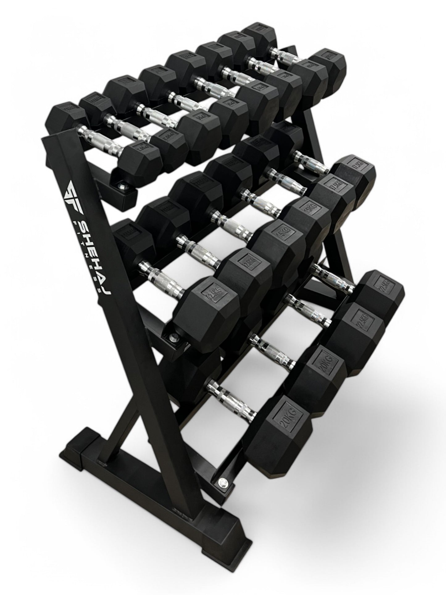 2.5–22.5kg Hex Dumbbell Set with 3-Tier Rack – 9 Pairs Free Weights