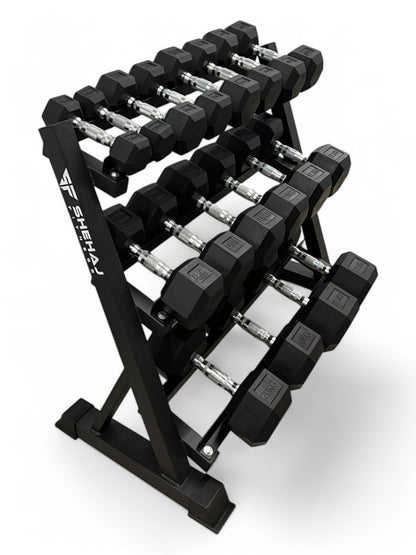2.5–22.5kg Hex Dumbbell Set with 3-Tier Rack – 9 Pairs Free Weights