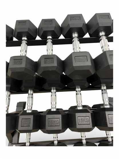 2.5–22.5kg Hex Dumbbell Set with 3-Tier Rack – 9 Pairs Free Weights