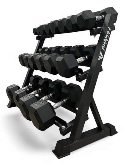 2.5–22.5kg Hex Dumbbell Set with 3-Tier Rack – 9 Pairs Free Weights