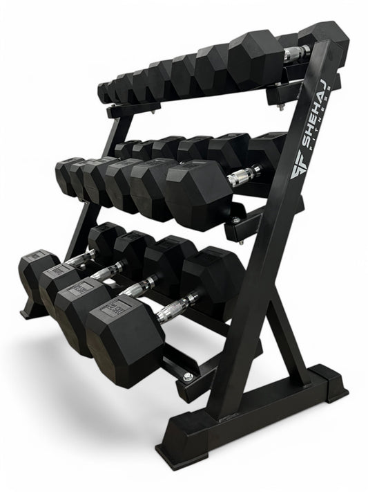 2.5–22.5kg Hex Dumbbell Set with 3-Tier Rack – 9 Pairs Free Weights