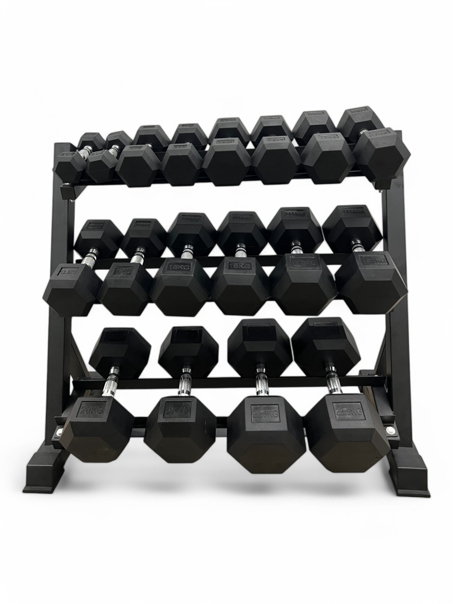 2.5–22.5kg Hex Dumbbell Set with 3-Tier Rack – 9 Pairs Free Weights