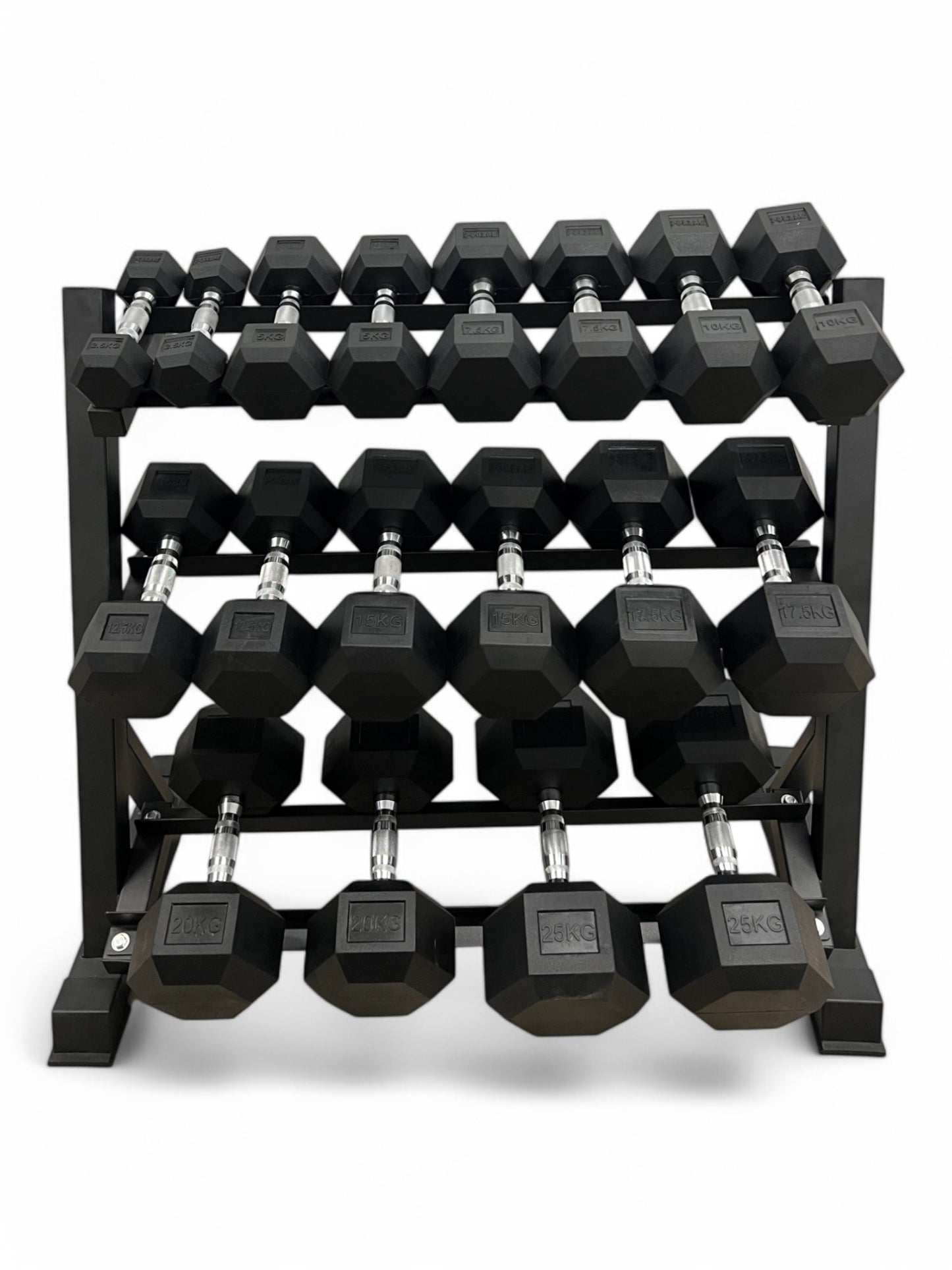 2.5–25kg Hex Dumbbell Set with 3-Tier Rack – 9 Pairs