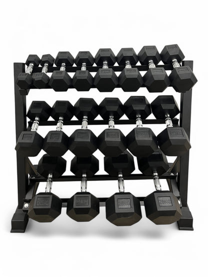 2.5–25kg Hex Dumbbell Set with 3-Tier Rack – 9 Pairs