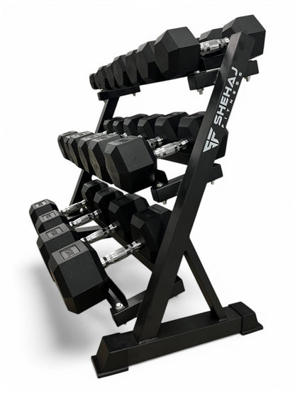 2.5–25kg Hex Dumbbell Set with 3-Tier Rack – 9 Pairs