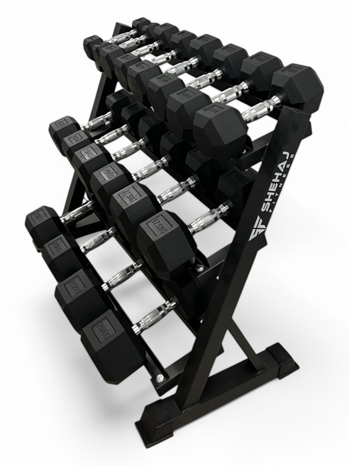 2.5–25kg Hex Dumbbell Set with 3-Tier Rack – 9 Pairs