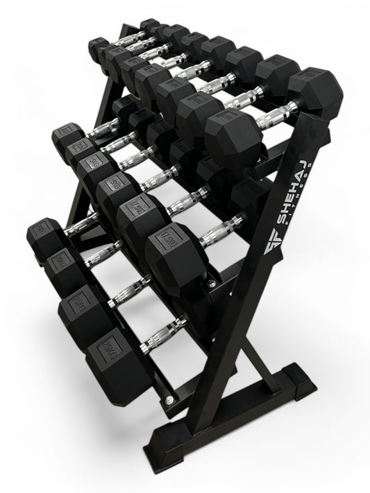 2.5–25kg Hex Dumbbell Set with 3-Tier Rack – 9 Pairs