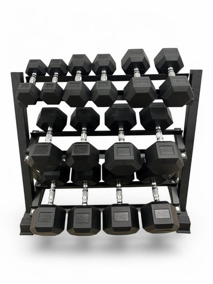 5–35kg Hex Dumbbell Set with 3-Tier Rack – 7 Pairs Free Weights