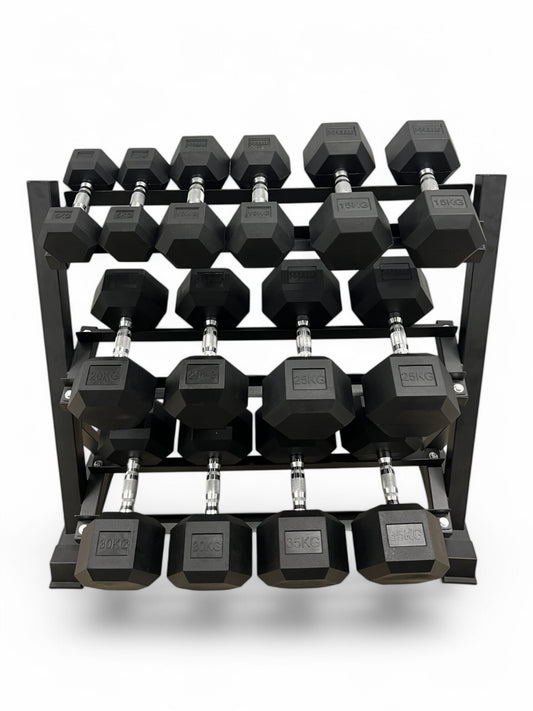 5–35kg Hex Dumbbell Set with 3-Tier Rack – 7 Pairs Free Weights