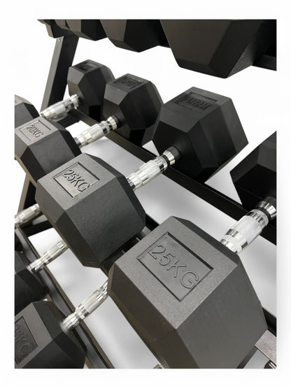 5–35kg Hex Dumbbell Set with 3-Tier Rack – 7 Pairs Free Weights