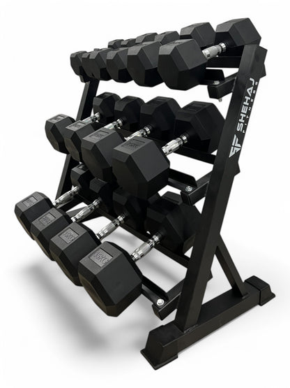 5–35kg Hex Dumbbell Set with 3-Tier Rack – 7 Pairs Free Weights