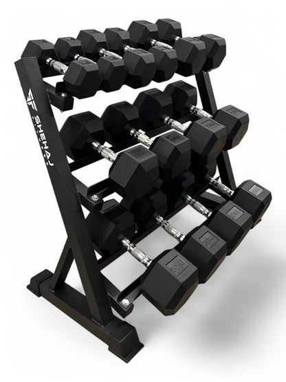5–35kg Hex Dumbbell Set with 3-Tier Rack – 7 Pairs Free Weights