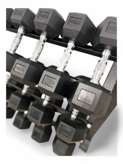 5–30kg Hex Dumbbell Set with 3-Tier Rack – 8 Pairs