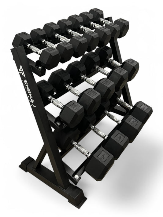 5–30kg Hex Dumbbell Set with 3-Tier Rack – 8 Pairs