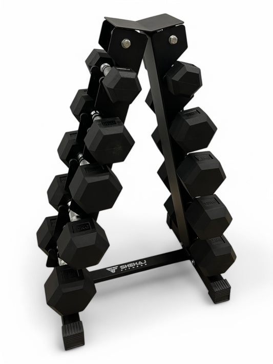 2.5–12.5kg Hex Dumbbell Set with Vertical Rack – 5 Pairs Free Weights