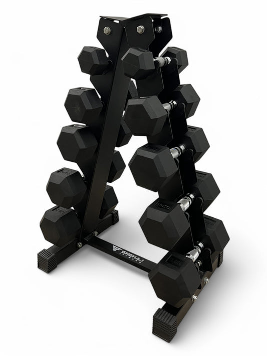 2.5–12.5kg Hex Dumbbell Set with Vertical Rack – 5 Pairs Free Weights