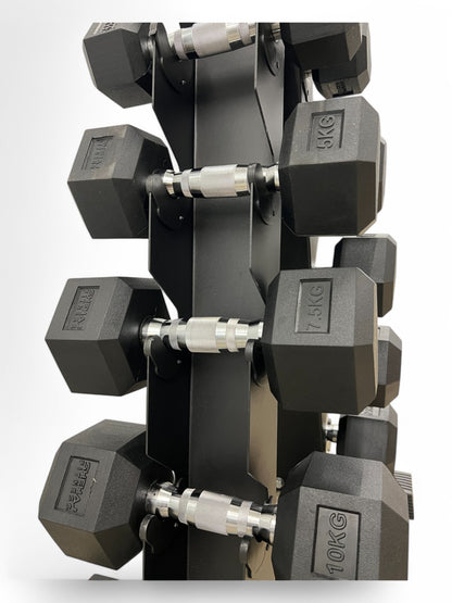 2.5–12.5kg Hex Dumbbell Set with Vertical Rack – 5 Pairs Free Weights