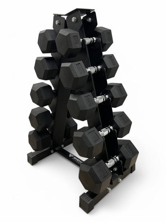 5–15kg Hex Dumbbell Set with Vertical Rack – 5 Pairs Free Weights