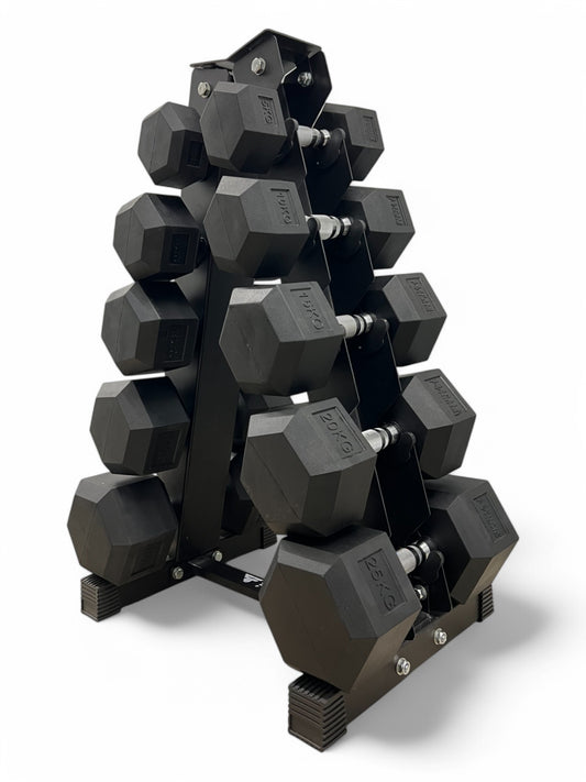 5–25kg Hex Dumbbell Set with Vertical Rack – 5 Pairs Free Weights