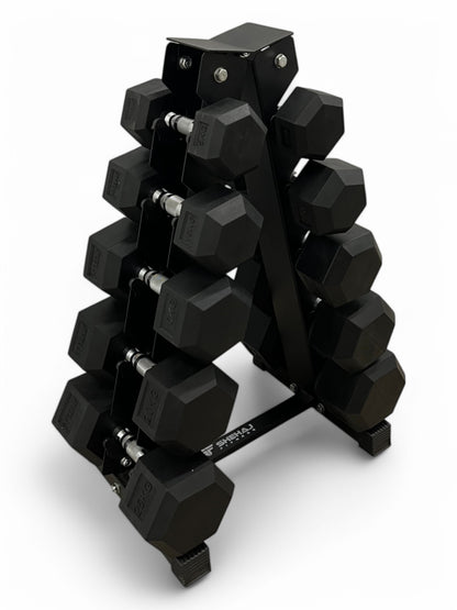 5–25kg Hex Dumbbell Set with Vertical Rack – 5 Pairs Free Weights