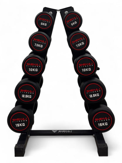 5-15kg Round Dumbbell Set With Vertical Rack Stand - 5 Pairs Set